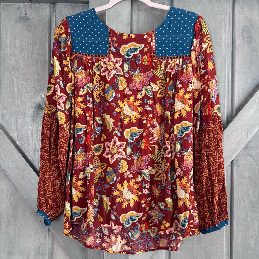 Matilda Jane Polka Dot Paisly Floral Peasant Blouse‎ Size M boho rust blue